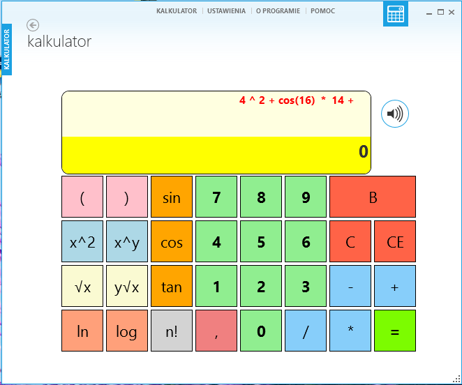 Aplikacja KALKULATOR Możliwości: obliczanie działań arytmetycznych i wartości wyrażeń, ustawianie