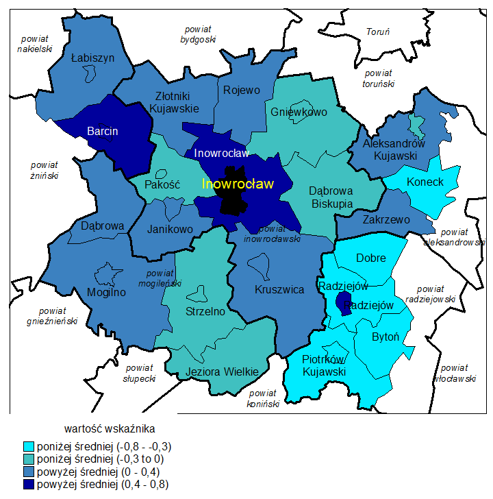 Łabiszyn miejsko-wiejska żniński 0,05271 Złotniki Kujawskie wiejska inowrocławski 0,10151 Zakrzewo wiejska aleksandrowski 0,10547 Aleksandrów Kujawski wiejska aleksandrowski 0,12478 Kruszwica