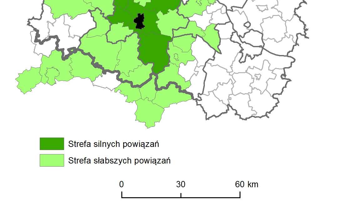 (w kierunku Gniezna), DK 15 i 25 w kierunku Strzelna i Kruszwicy, oraz DW 251 prowadzącej do Barcina i Pakości. Ryc. 6.3.4. Strefy oddziaływania Inowrocławia w świetle powiązań transportowych.