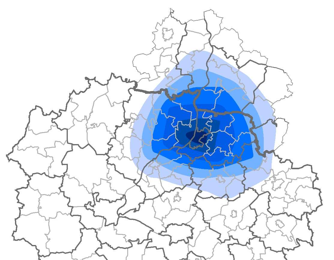 Ryc. 4.3.2. Dostępność czasowa Grudziądza przy wykorzystaniu samochodu. (Źródło: opracowanie własne). Ryc. 4.3.3. Dostępność czasowa Grudziądza przy wykorzystaniu transportu zbiorowego.