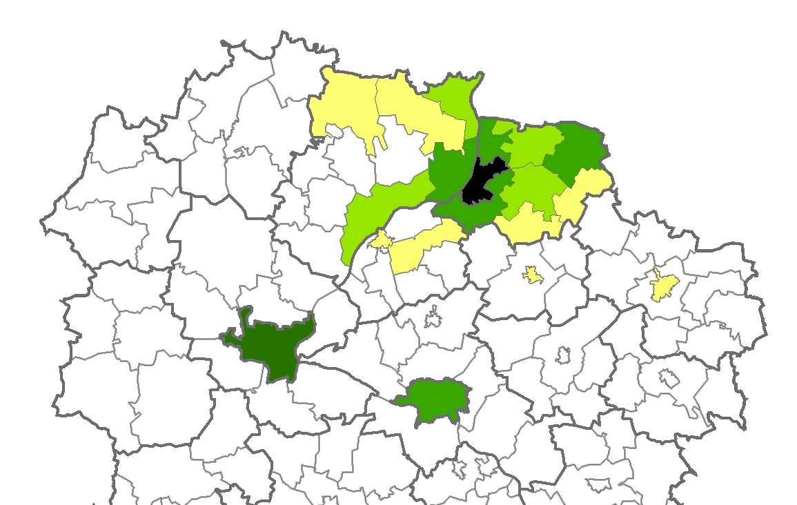 Ryc. 4.4.3. Liczba osób wyjeżdżających z Grudziądza do pracy wg gmin. (Źródło: opracowanie własne na podstawie danych GUS, 2006). Ryc. 4.4.4. Udział wyjeżdżających do pracy z Grudziądza w liczbie pracujących w gminie zamieszkania.