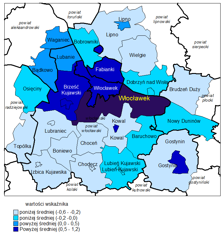 Ryc. 5.1.1. Rozkład wskaźnika poziomu rozwoju społeczno-gospodarczego gmin wokół Włocławka (źródło: opracowanie własne na podstawie danych GUS) 5.2.