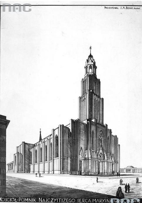 Warszawa. Kościół pomnik Najczystszego Serca Marii przy placu Szembeka na Grochowie. Projekt kościoła wykonany przez architekta Andrzeja Boni.