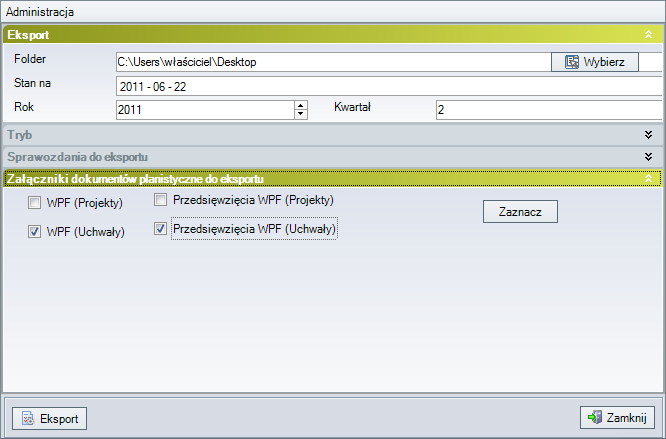 Rysunek 120. Eksport danych do GUS. Dodatkowo w tym miejscu można wyeksportować do pliku DBF dane z załączników projektu WPF i uchwały WPF.