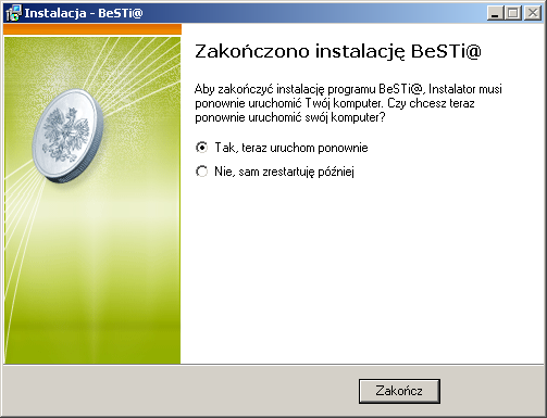 Po zakończeniu kopiowania plików, instalator poprosi o ponowne uruchomienie komputera (rys. 12). W tym celu należy kliknąć na przycisk Zakończ.