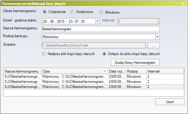 Harmonogram tworzenia kopii zapasowych dostępny jest w przypadku zainstalowania serwera MS SQL Server 2000 (po uruchomieniu usługi SQL Server Agent) oraz pełnej wersji serwera MS SQL Server 2005 lub