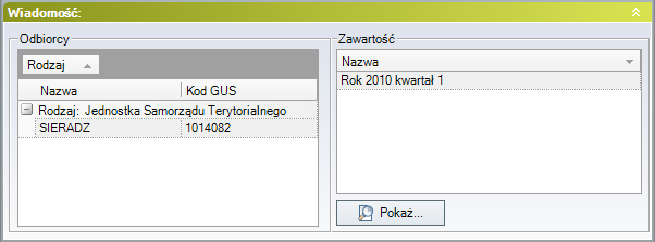 Rysunek 59. Skrzynka robocza, sekcja Wiadomość Grupa Odbiorcy wskazuje odbiorców wiadomości, zaś grupa Zawartość zawiera listę załączników wiadomości.