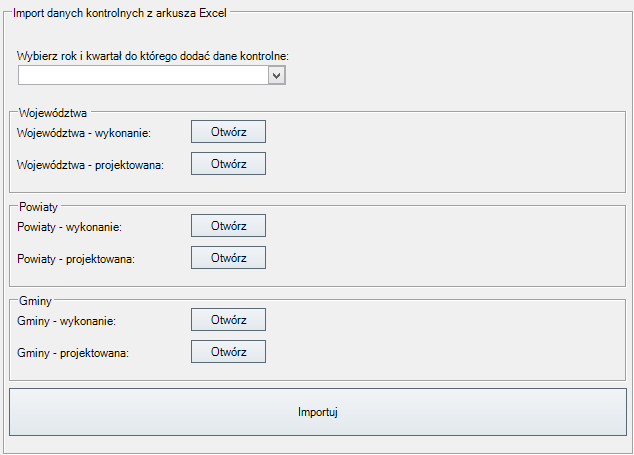 Okno podzielone jest na dwie sekcje Dane kontrolne i Pozycje. Sekcja Dane kontrolne pozwala na określenie typu danych (subwencje, dotacje itp.