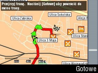 Opcje Demonstracji trasy Przybliżanie/Oddalanie widoku Bieżący czas/ Prędkość jazdy/ Dystans do celu/ siła sygnału GPS Następny manewr/ odległość do manewru Demonstracja trasy Nazwa ulicy 5) Pokaż na