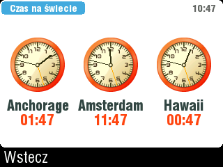 2.10 Czas na świecie Możesz łatwo ustawić trzy miasta i znać aktualny czas w każdym z nich. Aby wybrać miasto wybierz zegarek, a następnie odpowiednie miasto.