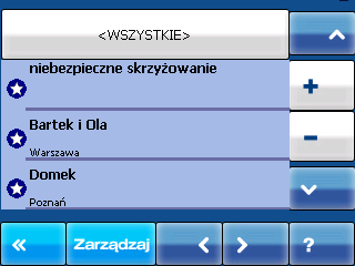 wyświetlane Twoich Miejsc na ekranie Opcje Twoich Miejsc do jednej wybranej kategorii: Mój Dom, Moja Praca, Moje miejsca, Przyjaciele i Rodzina, Kontakty zawodowe, Ostrzeżenia drogowe, Błąd mapy.