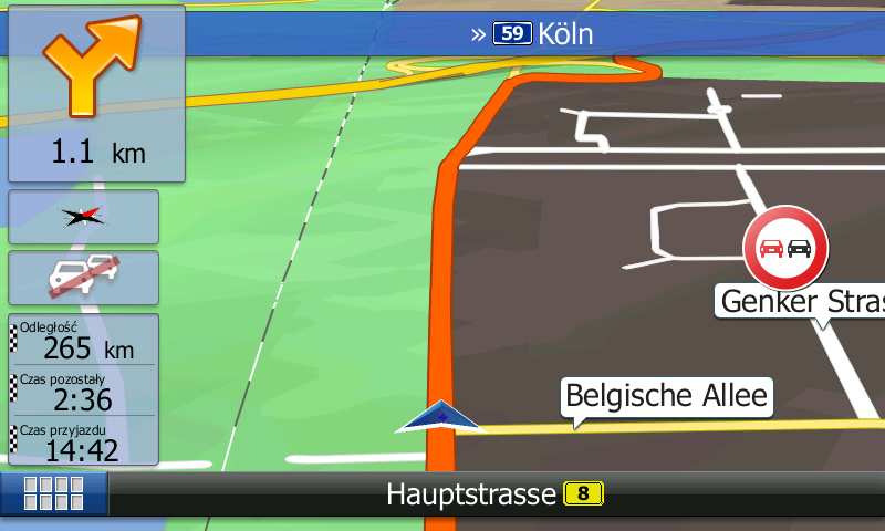 3.2 Podgląd skrętu i następna ulica Podczas nawigacji po trasie w górnej części mapy jest wyświetlana informacja o następnym zdarzeniu na trasie (manewrze) oraz następnej ulicy lub następnym mieście.