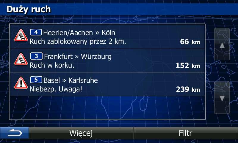 Jeśli w danej lokalizacji są emitowane publiczne dane o ruchu drogowym, produkt Alpine Navigation automatycznie uwzględnia otrzymane informacje o zdarzeniach drogowych.