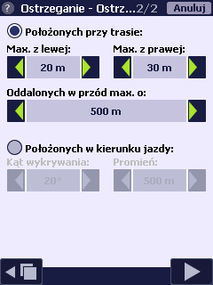 Ostrzeganie POI cz.3 Po zaznaczeniu kategorii punktów można zmienić parametry ostrzegania, dla każdej kategorii osobno. Aby otworzyć ekran parametrów, należy stuknąć w nazwę kategorii.