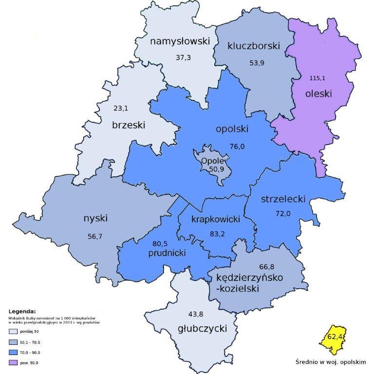 6 Wskaźnik liczby dzieci emigrantów na 1000 w wieku przedprodukcyjnym w woj. opolskim w 2008 r. i 2013 r.