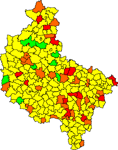 Najwyższe (powyżej 90%) wartości wskaźnik osiągnął w gminach Niechanowo, Granowo, Godziesze Wielkie, Przedecz, Raszków, Gizałki, Przykona, Gołańcz, Tarnówka.