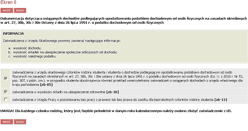 Ekran 6 Należy tutaj zaznaczyć dokumenty poświadczające dochody uzyskane na zasadach ogólnych.