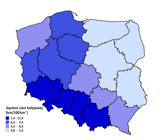 Rozdział 6. Obszar 3. Przestrzeń i infrastruktura Mapa 30. Gęstość linii kolejowych w województwach Polski w 2011 r. (km/100 km 2 ). Źródło: Opracowanie własne IBS na podstawie danych BDL GUS.