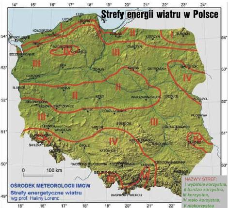 Rozdział 6. Obszar 3. Przestrzeń i infrastruktura Mapa 37. Strefy energii wiatru w Polsce (według Haliny Lorenc). Źródło: Województwo kujawsko-pomorskie.