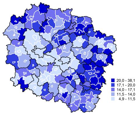 Rozdział 5. Obszar 2. Spójność i społeczeństwo Mapa 5. Udział osób w gospodarstwach domowych korzystających ze środowiskowej pomocy społecznej w ludności ogółem według województw w 2010 r. Mapa 6.