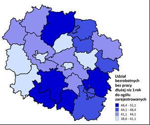 Rozdział 5. Obszar 2. Spójność i społeczeństwo Mapa 8. Udział bezrobotnych pozostających bez pracy dłużej niż 1 rok wśród bezrobotnych zarejestrowanych ogółem w 2007 r. Mapa 9.