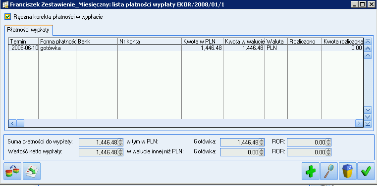 Aby wygenerować róŝnicę wynikającą z nadpłaty / niedopłaty w kwocie netto pomiędzy wypłatą anulowaną, a korygującą naleŝy na formularzu wypłaty korygującej przejść w Schemat płatności (ikona w dolnym