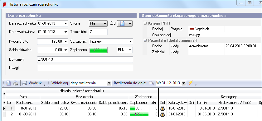 Rysunek 13. Wydruk z rejestru korekt kosztów 5.