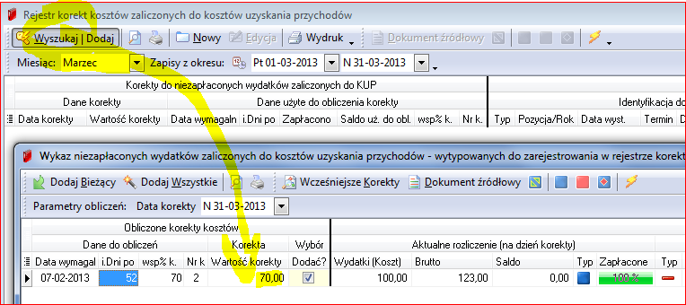 naliczenie korekty zwrotnej czyli ponownego zaliczenia wcześniej wyksięgowanych kosztów do KUP. Prezentuje to kolejny rysunek. Rysunek 15.