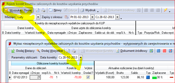 Rysunek 8. Lista wyszukanych korekt kosztów do zarejestrowania w m-cu luty. Na powyższym rysunku widać znaleziony, częściowo uregulowany wydatek (z przykładu na rys. 2. i 5.