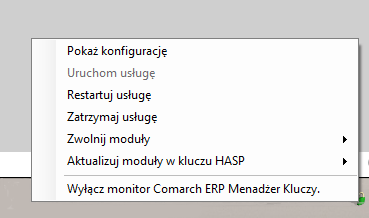 Po kliknięciu prawym klawiszem na ikonie kłódki dostępne są następujące opcje: Pokaż konfigurację wyświetla okno aplikacji Uruchom usługę uruchamia usługę Zarządzanie kluczami produktów Comarch ERP