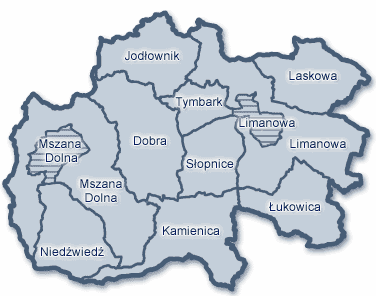 Rys.1. Mapa poglądowa powiatu limanowskiego. Powiat limanowski zajmuje powierzchnię 952 km 2 i jest szóstym, co do wielkości powiatem w województwie małopolskim (tab.1.).