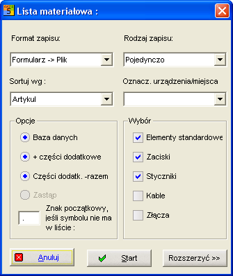 Przejmujemy takie ustawienia jakie przedstawiono powyżej i rozpoczynamy tworzenie listy materiałowej, wciskając przycisk 'Start'.