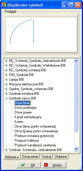 Wstawianie drzwi Uruchamiany menedżera symboli przy pomocy polecenia menu 'Wstaw - Symbol' (lub <F12>). Zmieniamy bibliotekę widoczną w oknie listy na aktualną bibliotekę 'Symbole zarysu.bib'.