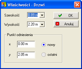 Ustawiamy 'Szerokość' na 0.89m i 'Wysokość' na 2.20m, w grupie 'Punkt odniesienia' wybieramy 'nowy'. Zatwierdzamy ustawienia 'Właściwości - Drzwi' przyciskiem OK.