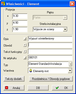 Symbol Puszka z pokrywą powinien zostać wstawiony tak samo. Jako pozycję określamy środek pomieszczenia 'Łazienka'.