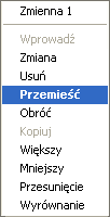 Podane zmienne muszą jeszcze na rysunku zająć określone pozycje. Wybieramy więc z menu polecenie 'Przemieść' i lokujemy tekst z lewej strony pod schematem, poza ramką rysunkową.