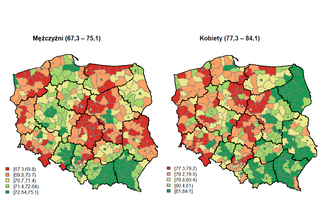 Ryc. 9. Oczekiwana długość życia w wieku 0 lat wg powiatów w latach 2008-2010 (obliczenia własne).