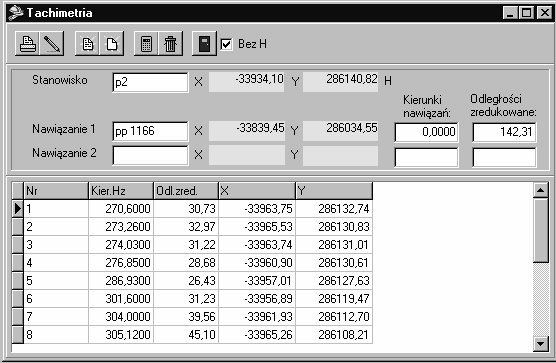 4 8.13. Zastosowanie programu WinKalk o obliczeń geoezyjnych 8.13.4. Obliczanie współrzęnych punktów pomierzonych metoą biegunową (tachimetria) o wybraniu menu omiary/tachimetria program oblicza