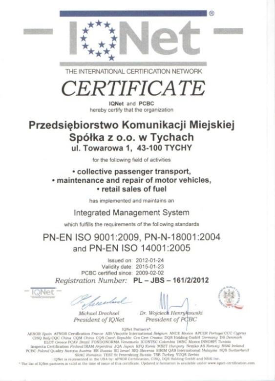 do przeprowadzania okresowych badań zadowolenia pasażerów, w ramach realizacji wymagania określonego w pkt 8.2.1 normy ISO 9001, pt. Zadowolenie klienta. Rysunek 1: Aktualne certyfikaty ISO PKM Sp.