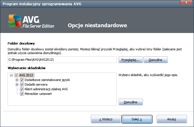 3.4. Instalacja niestandardowa opcje niestandardowe Okno Folder docelowy pozwala określić lokalizację dla plików systemu AVG.