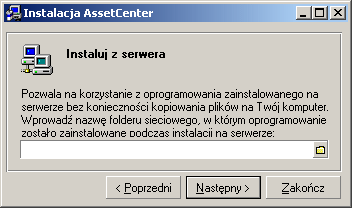 Instalacja 5 Gdy pojawi się następny ekran: 1 Podaj folder sieciowy, w którym ma zostać zainstalowany AssetCenter. 2 Kliknij przycisk Dalej.