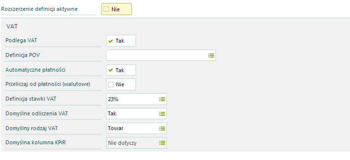 Definicja dokumentu / Rozszerzenie definicji Rozszerzenie definicji aktywne zaznaczenie parametru na Tak uaktywnia możliwość rozszerzenia konkretnej definicji.