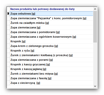 Dla przykładu lista krupników uporządkowana wg ilości energii ze 100 g.