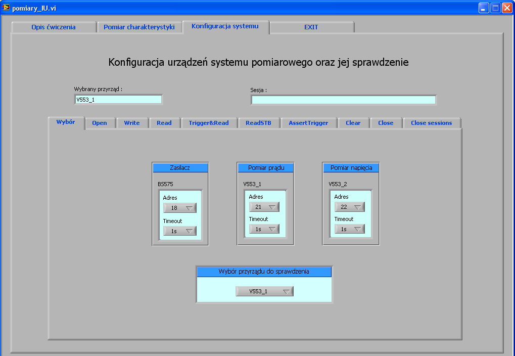 W przypadku występowania problemów można sprawdzić poprawność konfiguracji czyli możliwość komunikacji z wybranym urządzeniem, prawidłowość realizacji pomiaru, ustawiania napięcia itp.