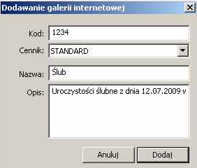 Następnie, jeżeli chcemy aby galeria była prywatna należy opatrzyć ją kodem np. 1234. Kody nie mogą się powtarzać i program natychmiast o tym fakcie informuje.