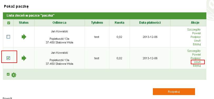 Rysunek 130: Lista zlece«w paczce po wej±ciu w akcj 'Poka»' Przelewy znajduj ce si w paczce, mo»emy usun poprzez u»ycie akcji Usu«.
