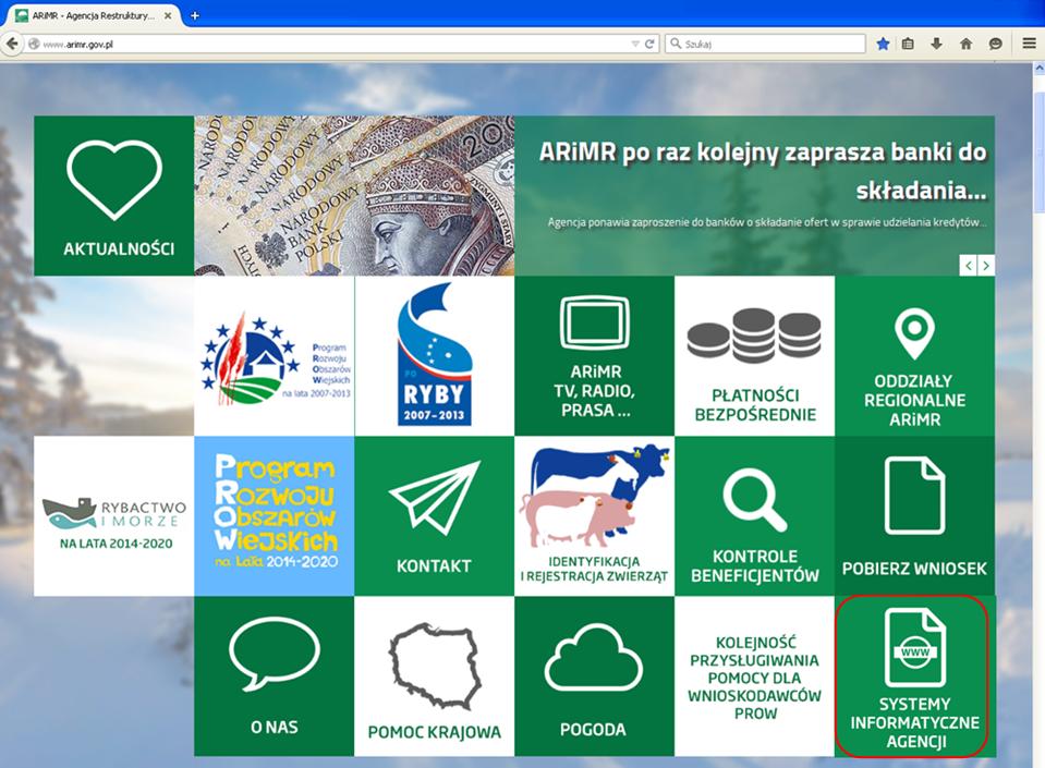 Ekran 1 strona internetowa ARiMR systemy informatyczne Agencji.