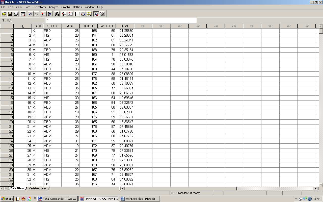 polu powyżej) 10) Aby zaimportować kliknij OK, plik zostanie automatycznie zaimportowany do SPSS i otwarty w postaci Data Editor.