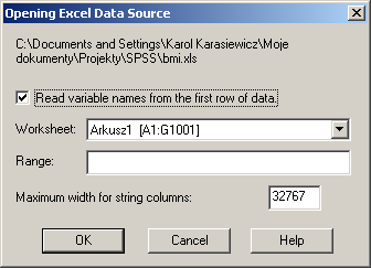 7) W oknie tym możesz zażądać odczyt nazw zmiennych z pierwszego wiersza arkusza (gdy odznaczone, kolejne zmienne dostaną takie nazwy, jak nazwy kolumn w Excelu), 8) Możesz wybrać na rozwijalnej