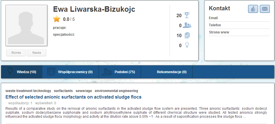 oraz dane kontaktowe (panel kontaktowy): Adres email Telefon Strona www Rys. 22. Profil użytkownika w menu kontekstowym 2.1.